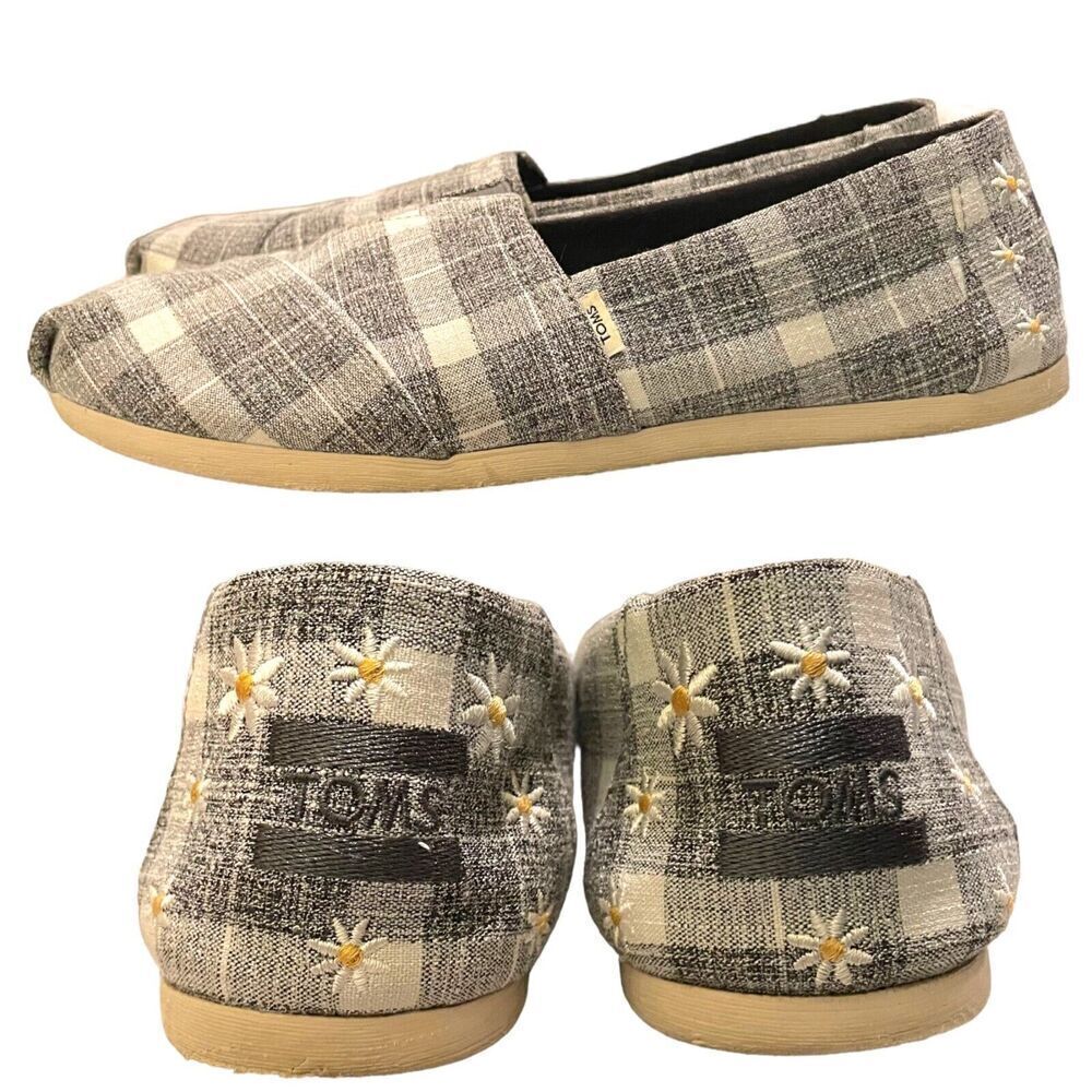 TOMS Gray White Check Sunflower Accent Alpargata Flat Slip On Shoe Size 8W